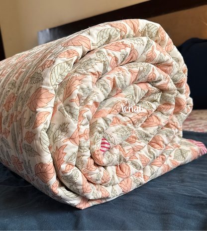 Pink Periwinkle Handblock Bedsheet + Quilt Combo