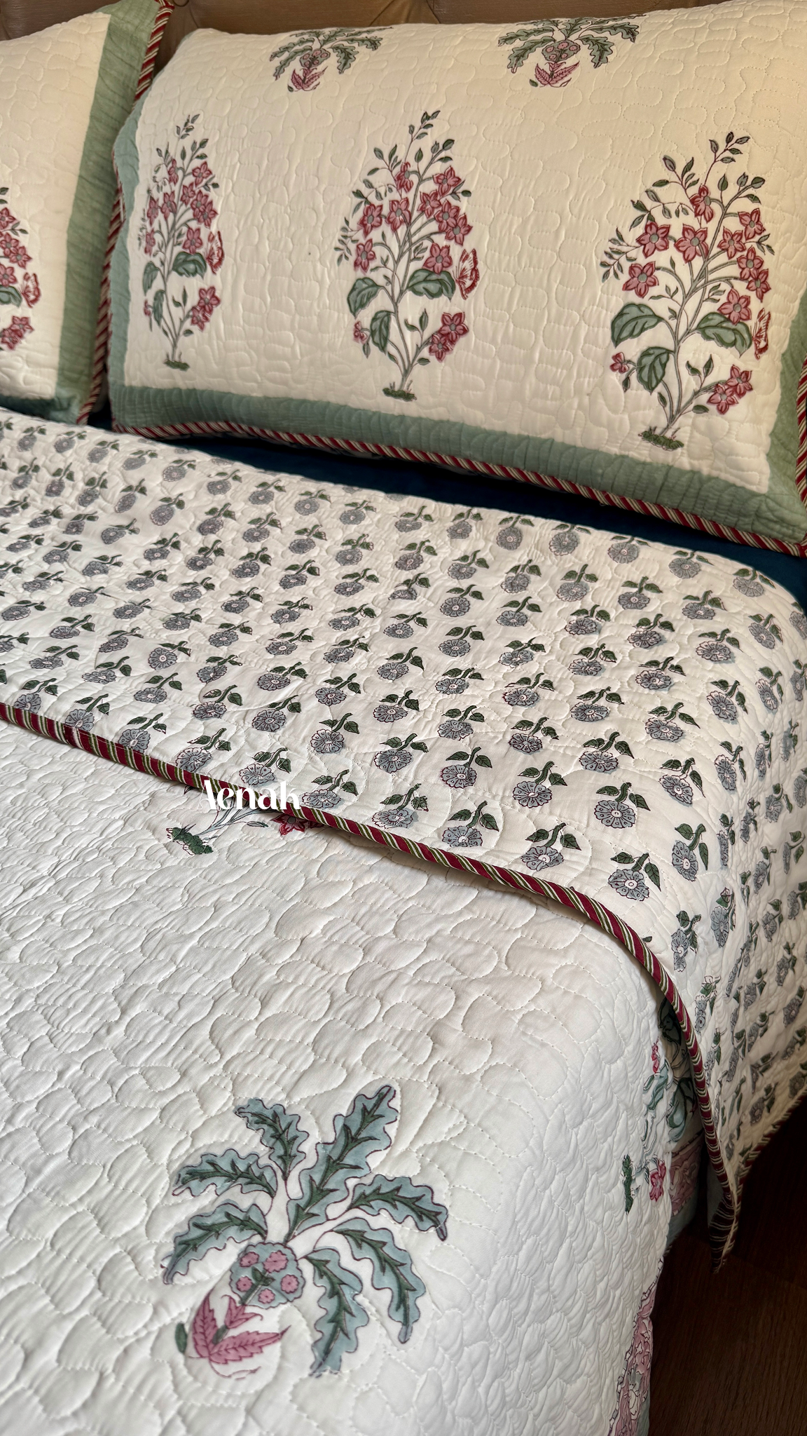 Pink Floral Green Palm Handblock Printed Reversible Quilted Bedcover