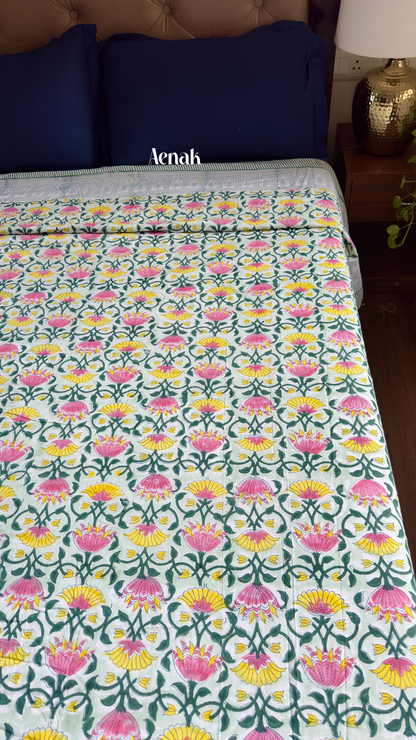 Pink & Yellow Lotus Handblock Printed Mulmul Cotton Reversible Dohar