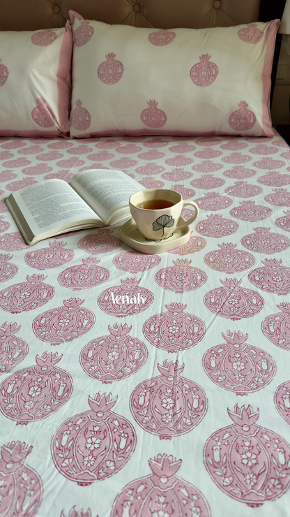 Pink Anaar Jaal Handblock Printed Premium Cotton Bedsheet