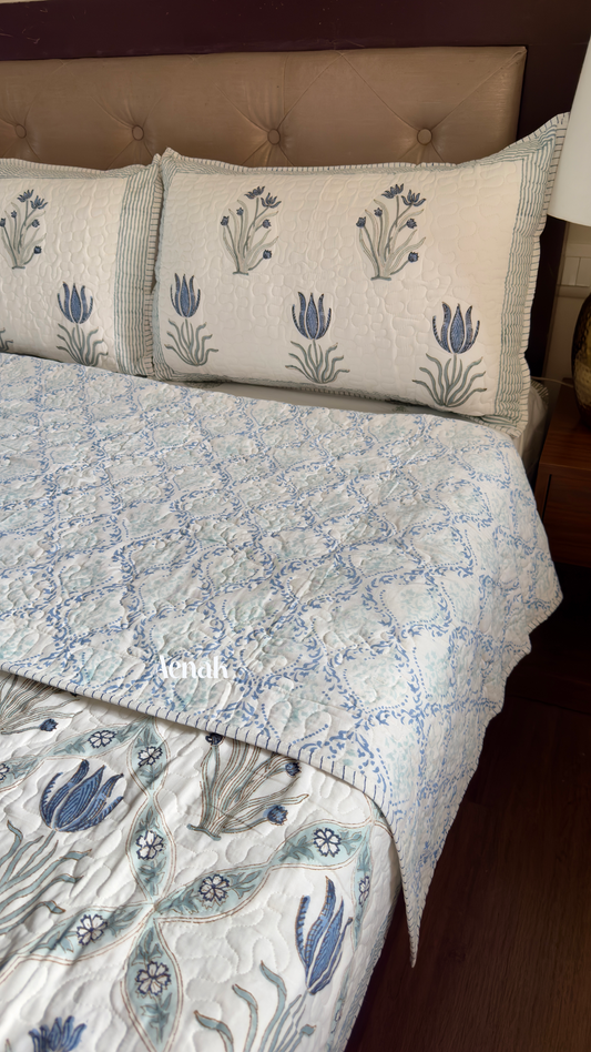 Blue Lotus Handblock Bedsheet + Quilted Bedcover Combo