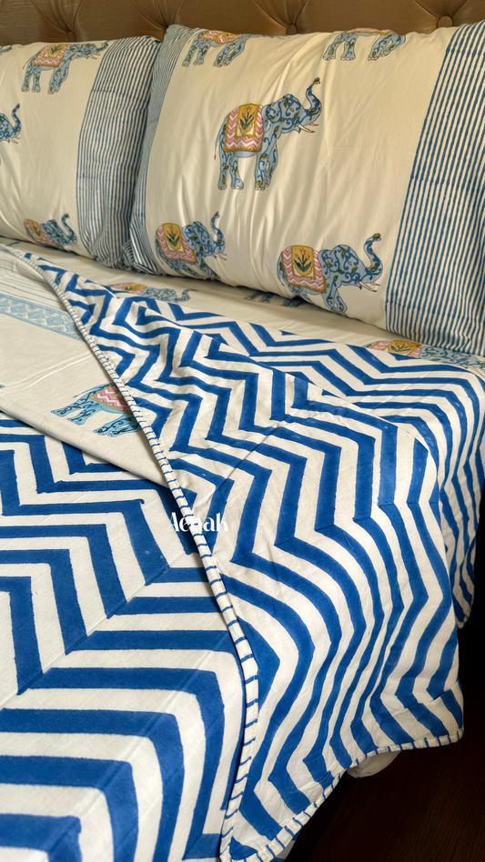 Blue Chevron Elephant Handblock Bedsheet + Dohar Combo