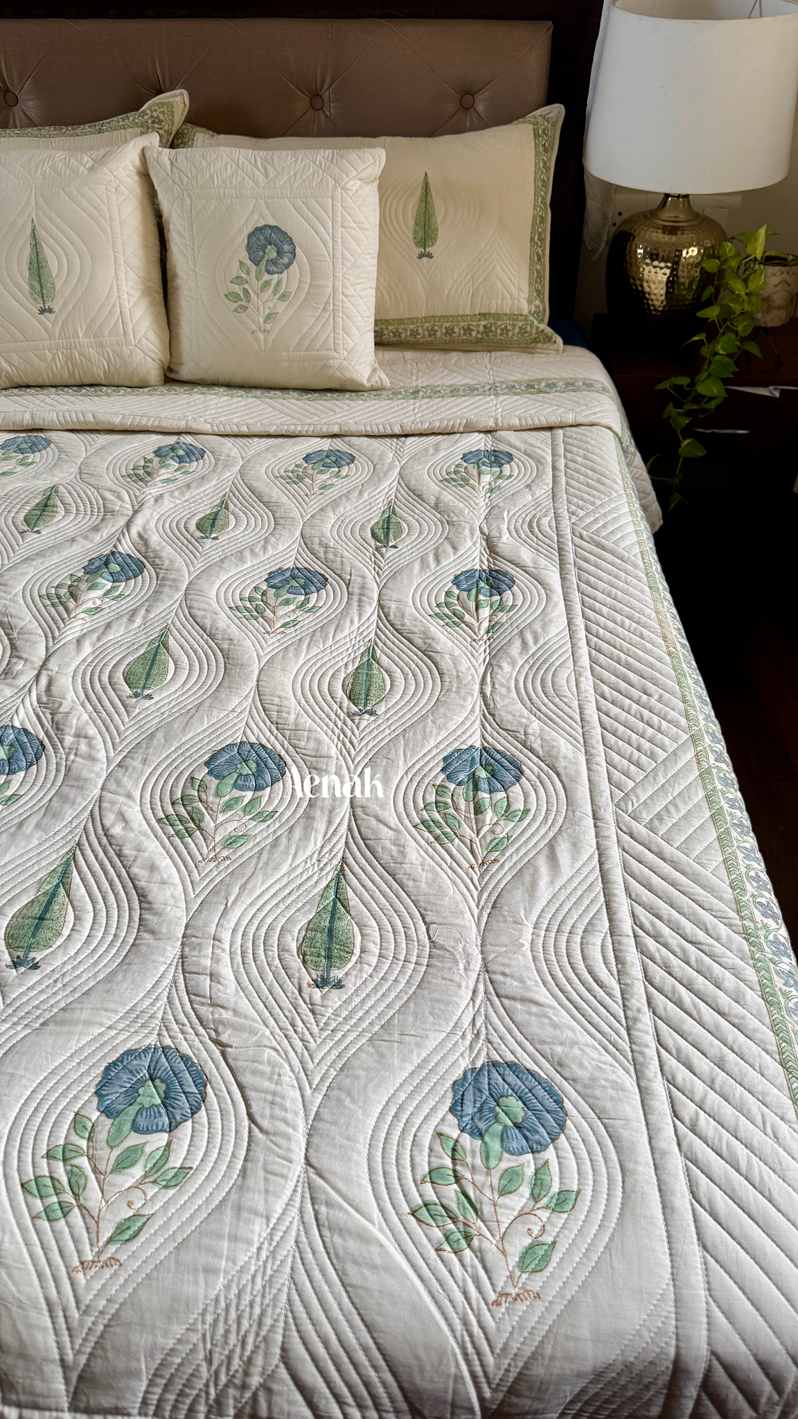 Beige Embossed Handblock Printed Quilted Bedcover (Non-White Base)