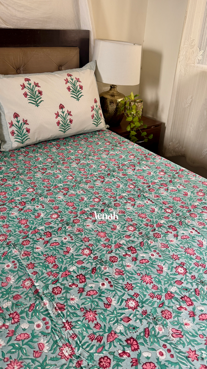 Sage Green Floral Handblock Printed Premium Cotton Bedsheet