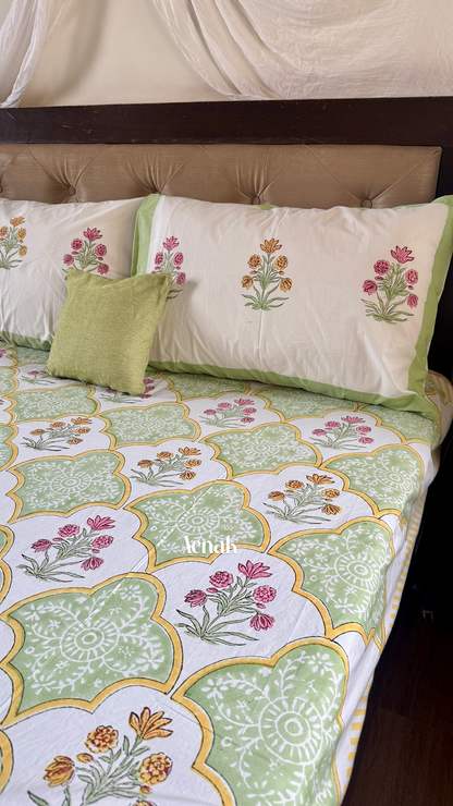 Mint Green & Yellow Handblock Printed Premium Cotton Bedsheet