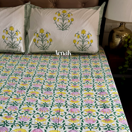 Pink & Yellow Lotus Handblock Printed Premium Cotton Fitted Bedsheet Set