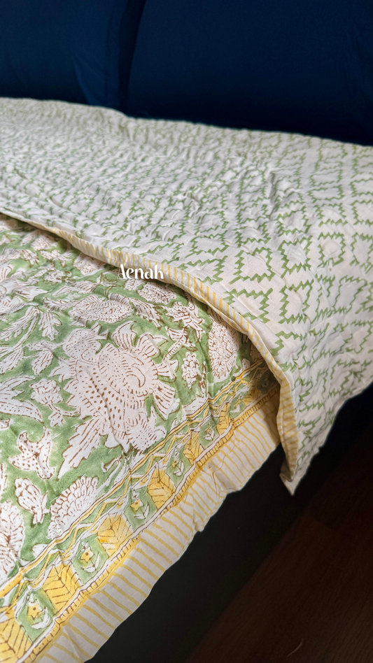 Green Gadd Handblock Printe Reversible Mulmul Cotton Quilt