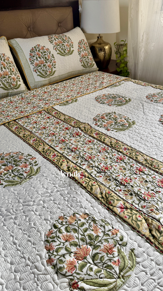 Yellow Phool Boota Handblock Printed Reversible Quilted Bedcover