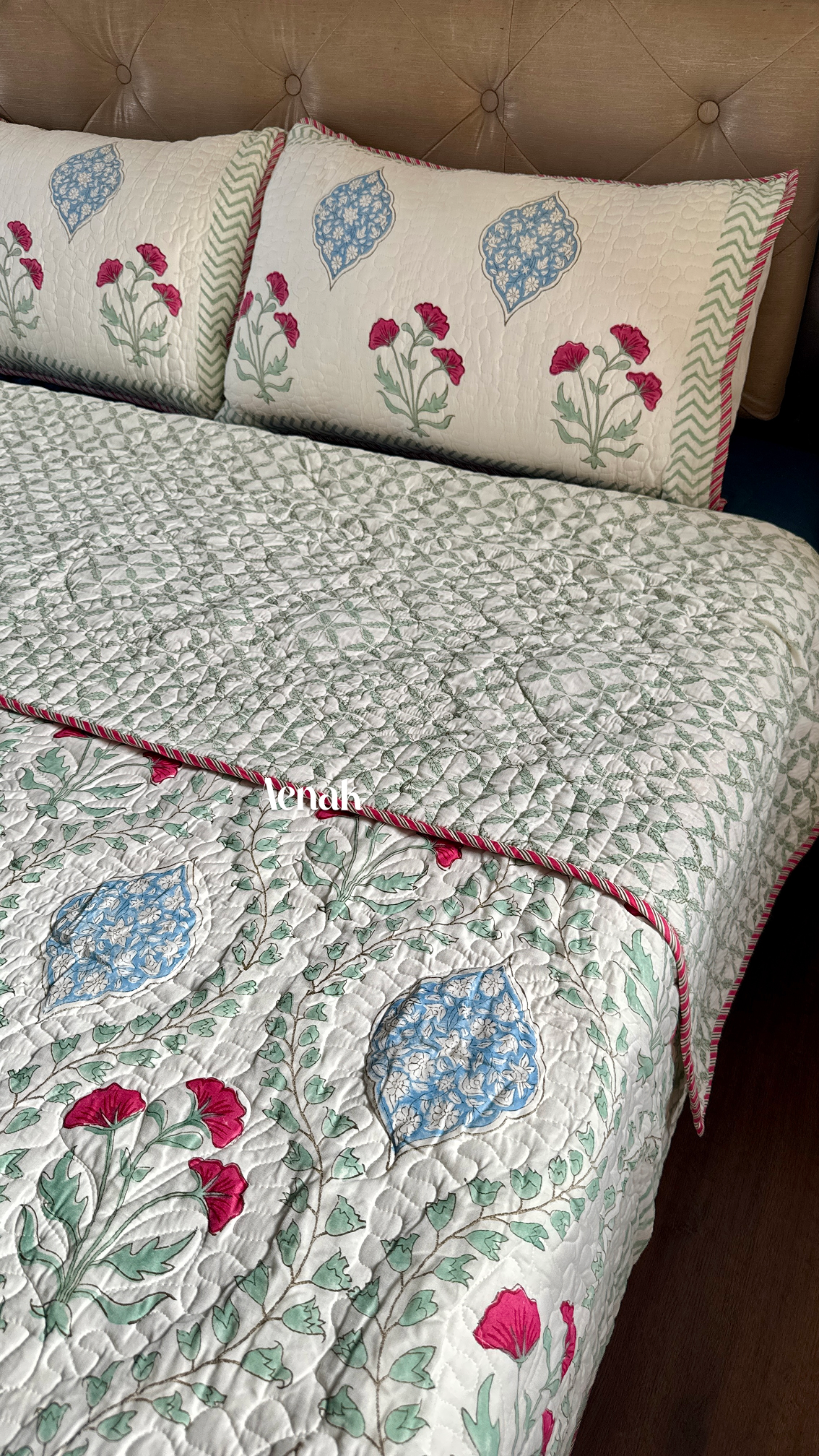 Pink Poppy Handblock Printed Reversible Quilted Bedcover (105x108)