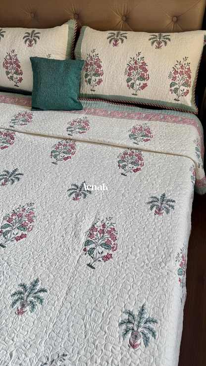 Pink Floral Green Palm Handblock Printed Reversible Quilted Bedcover