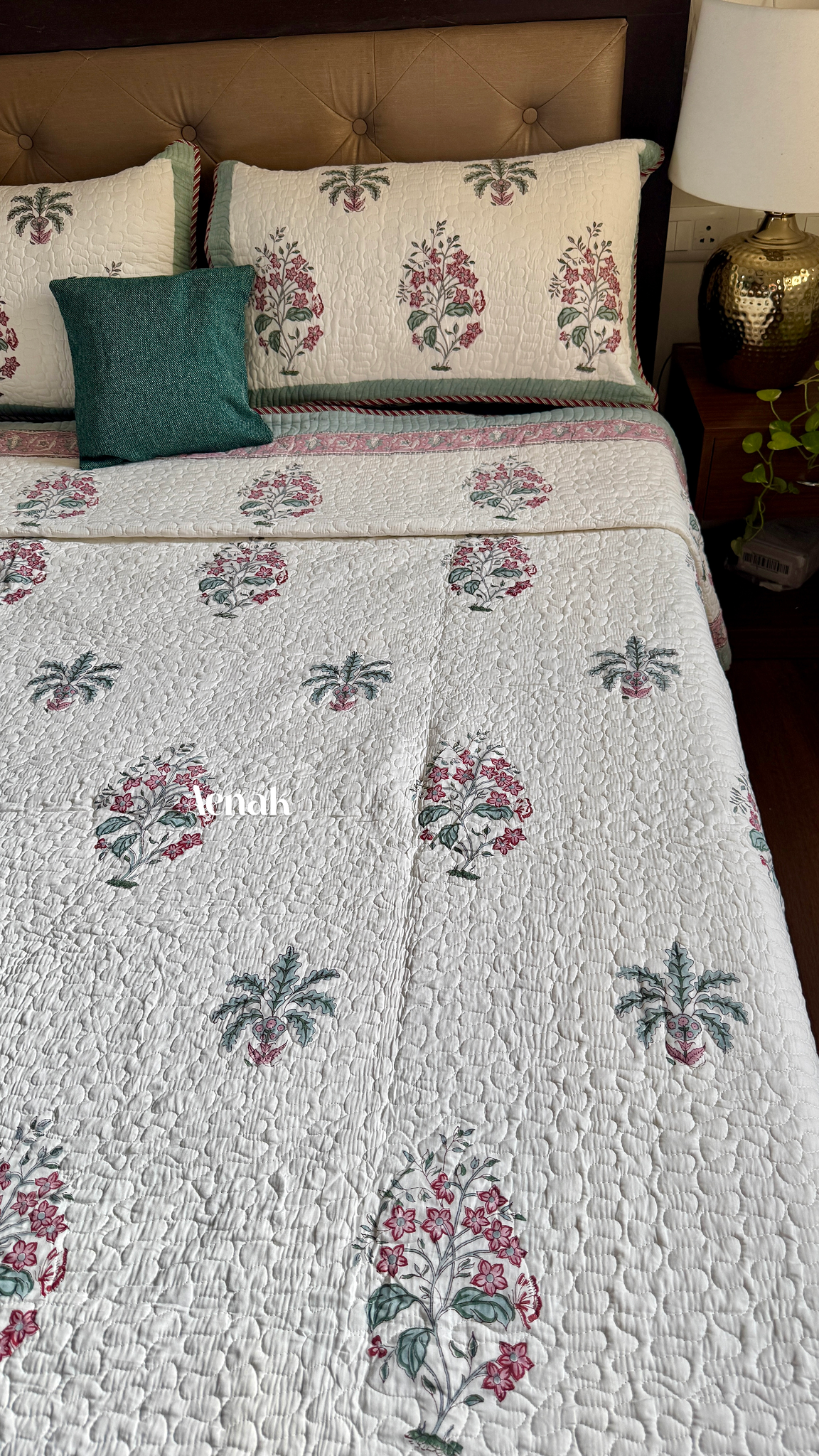Pink Floral Green Palm Handblock Printed Reversible Quilted Bedcover