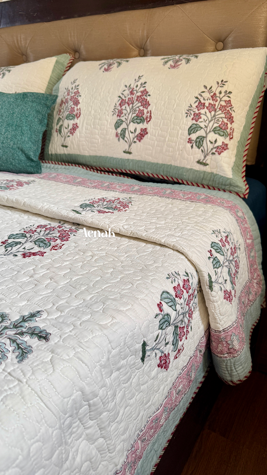 Pink Floral Green Palm Handblock Printed Reversible Quilted Bedcover