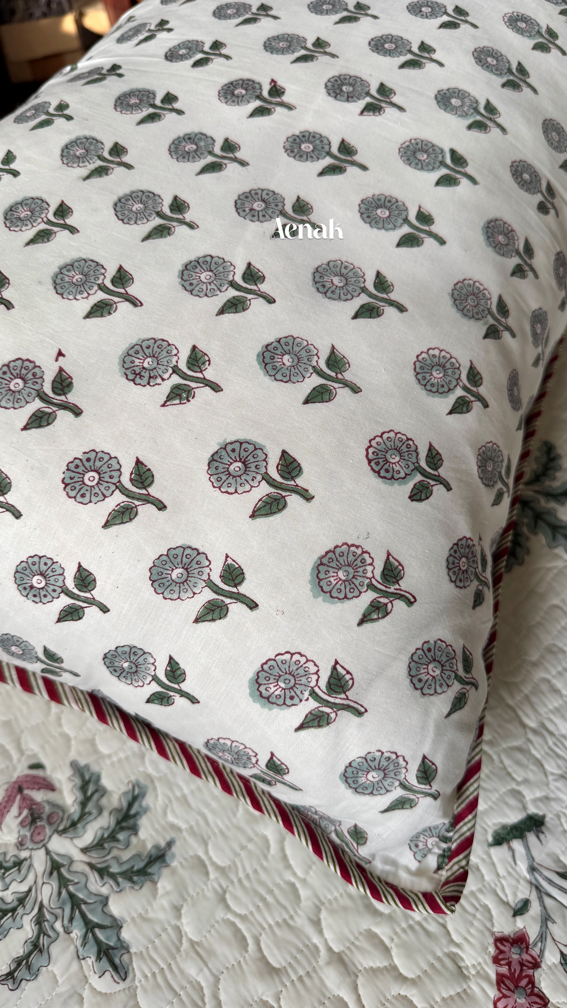 Pink Floral Green Palm Handblock Printed Reversible Quilted Bedcover