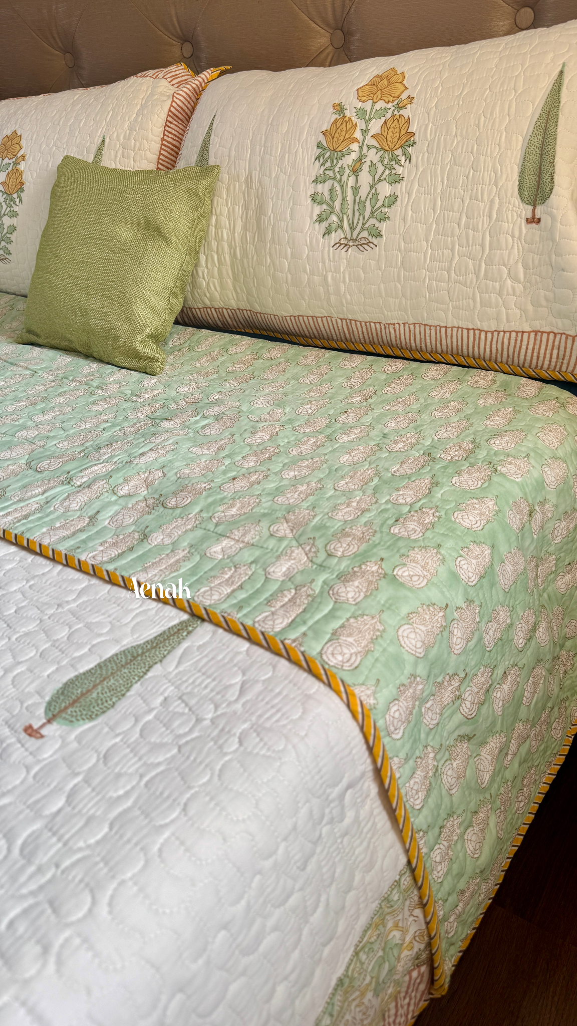Yellow Marigold Handblock Printed Reversible Quilted Cotton Bedcover