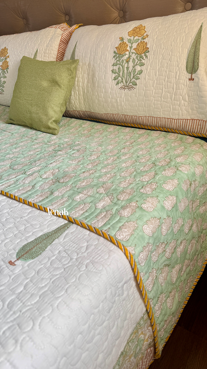 Yellow Marigold Handblock Printed Reversible Quilted Cotton Bedcover