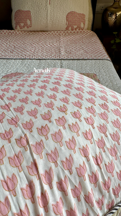 Pastel Pink & Yellow Elephant Handblock Printed Reversible Quilted Bedcover