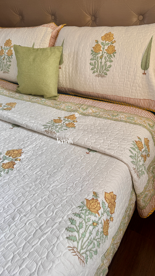 Yellow Marigold Handblock Printed Reversible Quilted Cotton Bedcover