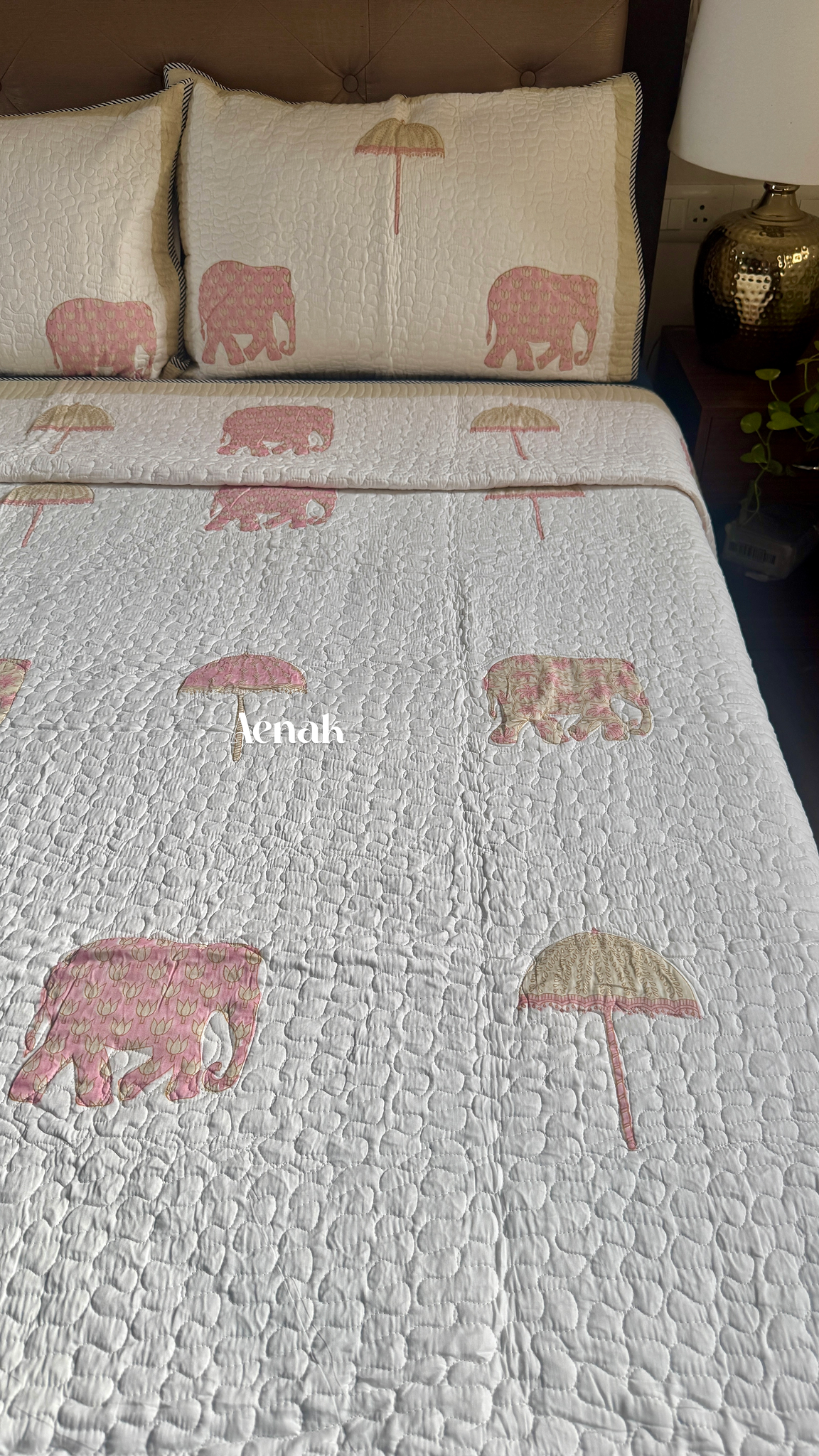 Pastel Pink & Yellow Elephant Handblock Printed Reversible Quilted Bedcover