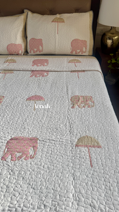 Pastel Pink & Yellow Elephant Handblock Printed Reversible Quilted Bedcover