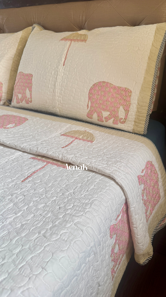 Pastel Pink & Yellow Elephant Handblock Printed Reversible Quilted Bedcover
