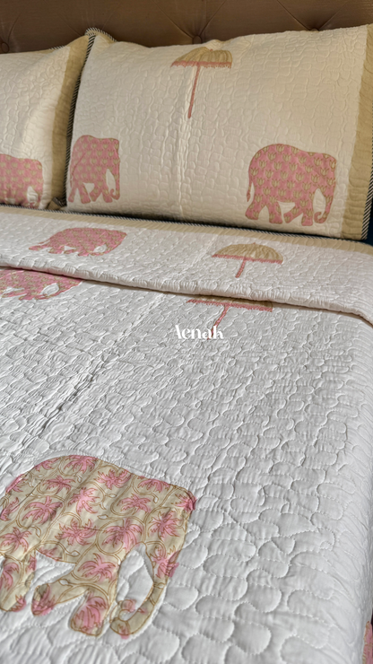 Pastel Pink & Yellow Elephant Handblock Printed Reversible Quilted Bedcover