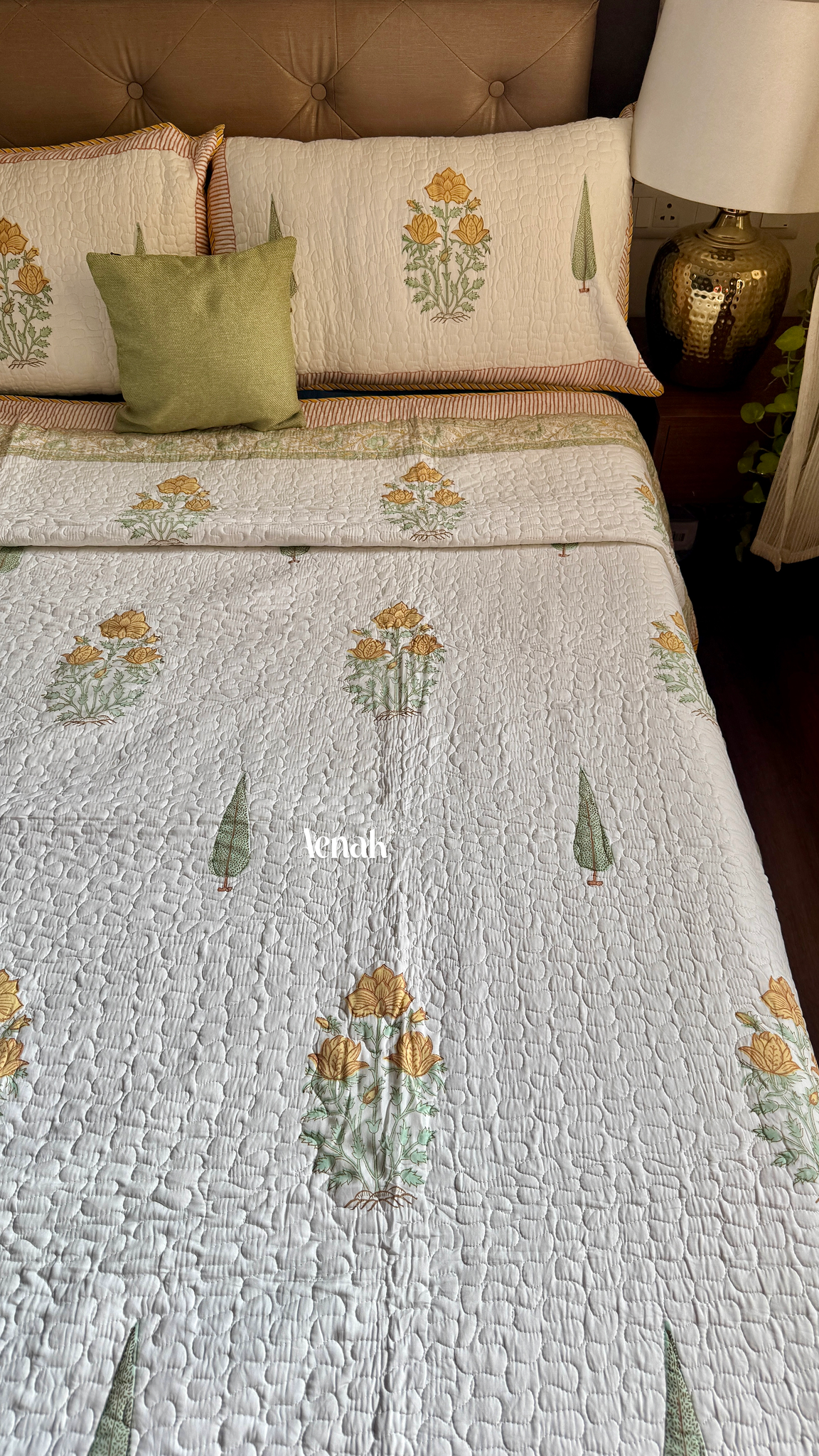 Yellow Marigold Handblock Printed Reversible Quilted Cotton Bedcover