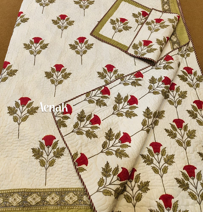 Rust Phool Boota Handblock Printed Reversible Quilted Bedcover -105 x108