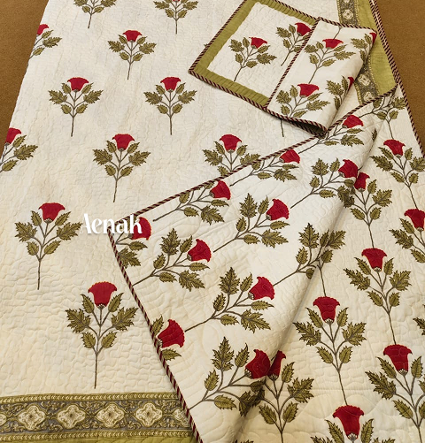 Rust Phool Boota Handblock Printed Reversible Quilted Bedcover -105 x108