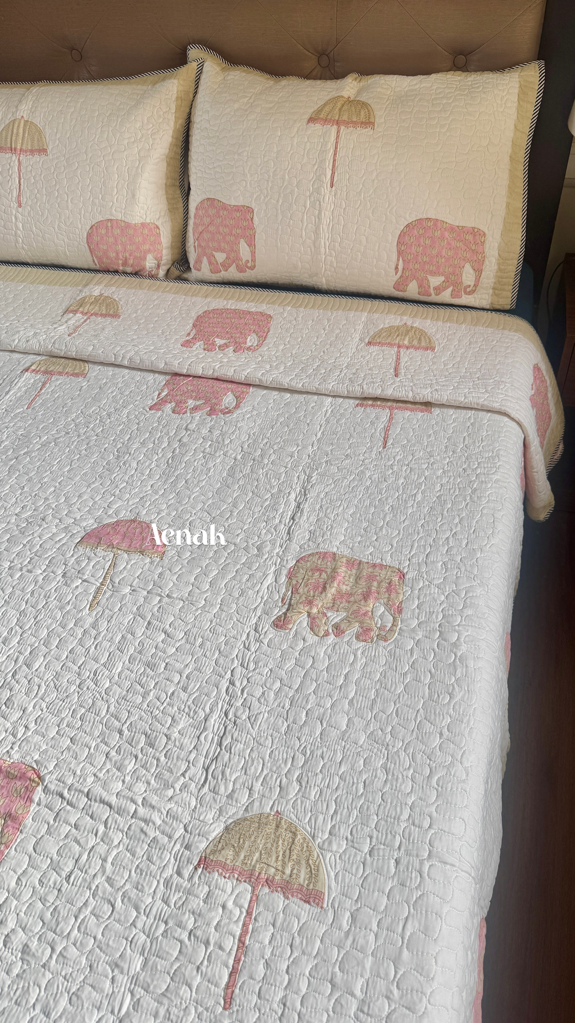 Pastel Pink & Yellow Elephant Handblock Printed Reversible Quilted Bedcover