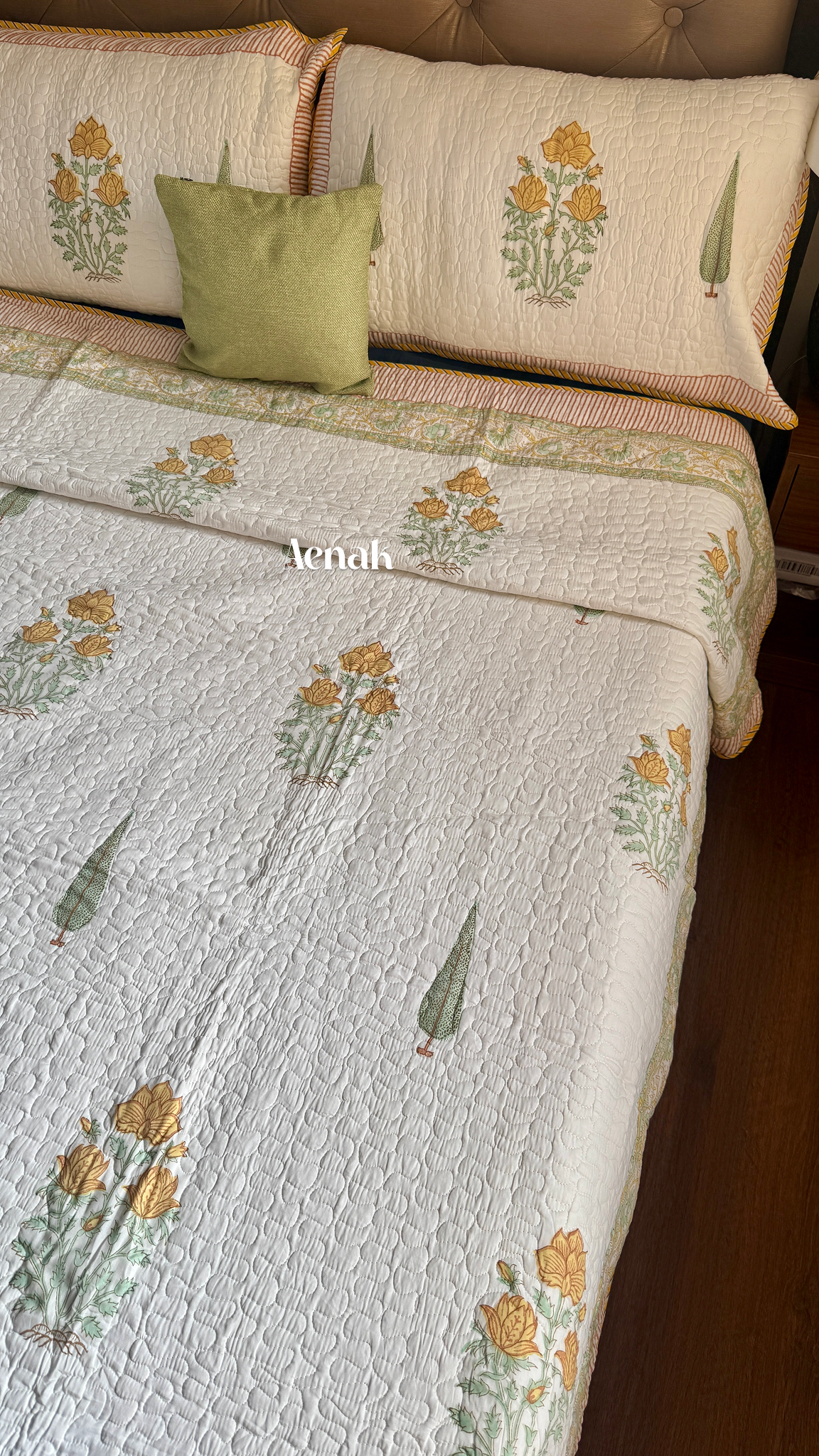 Yellow Marigold Handblock Printed Reversible Quilted Cotton Bedcover