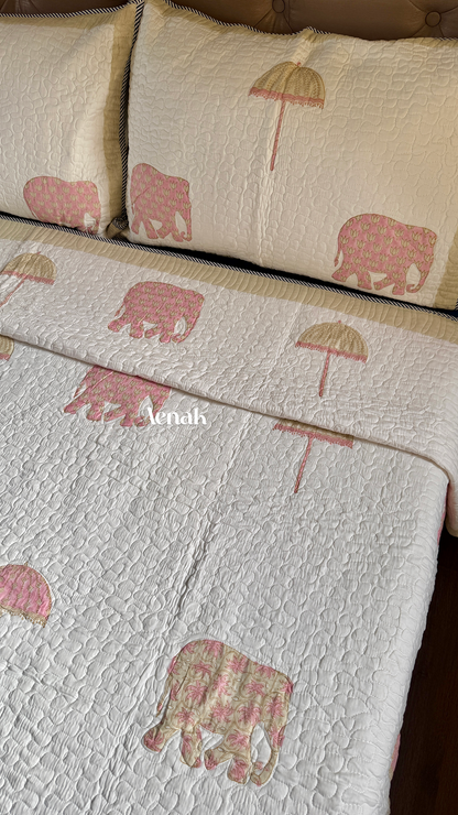 Pastel Pink & Yellow Elephant Handblock Printed Reversible Quilted Bedcover