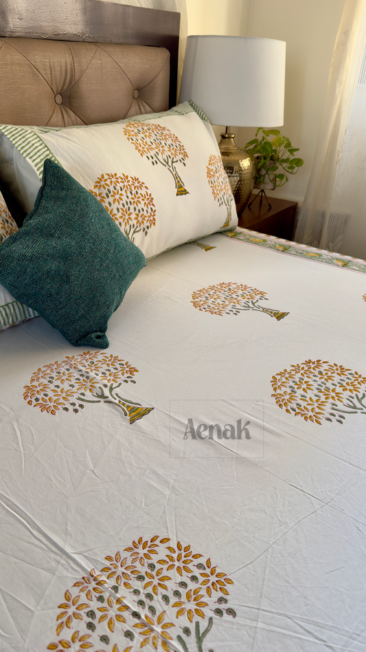 Yellow Bodhi Tree Handblock Bedsheet + Quilt Combo