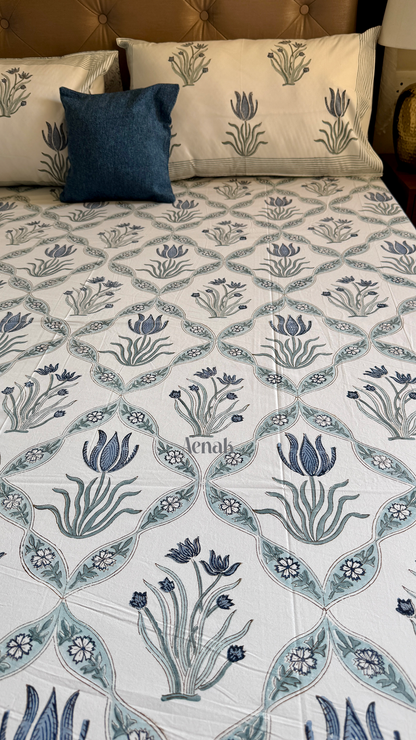Blue Lotus Jaal Handblock Printed Premium Cotton Bedsheet