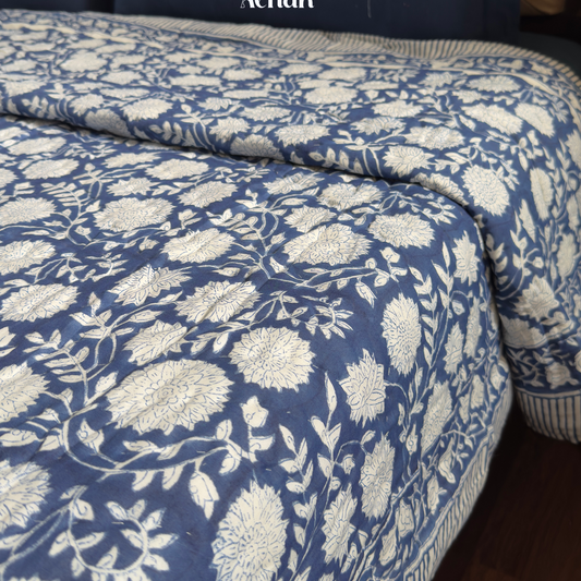 Blue Floral Garden Handblock Reversible Mulmul Cotton Quilt