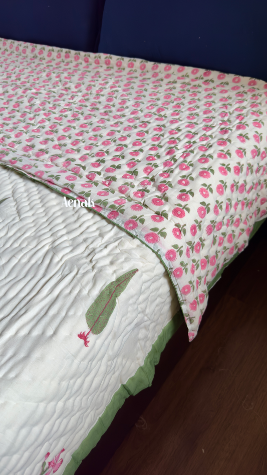 Pink Periwinkle Handblock Printed Reversible Mulmul Cotton Quilt