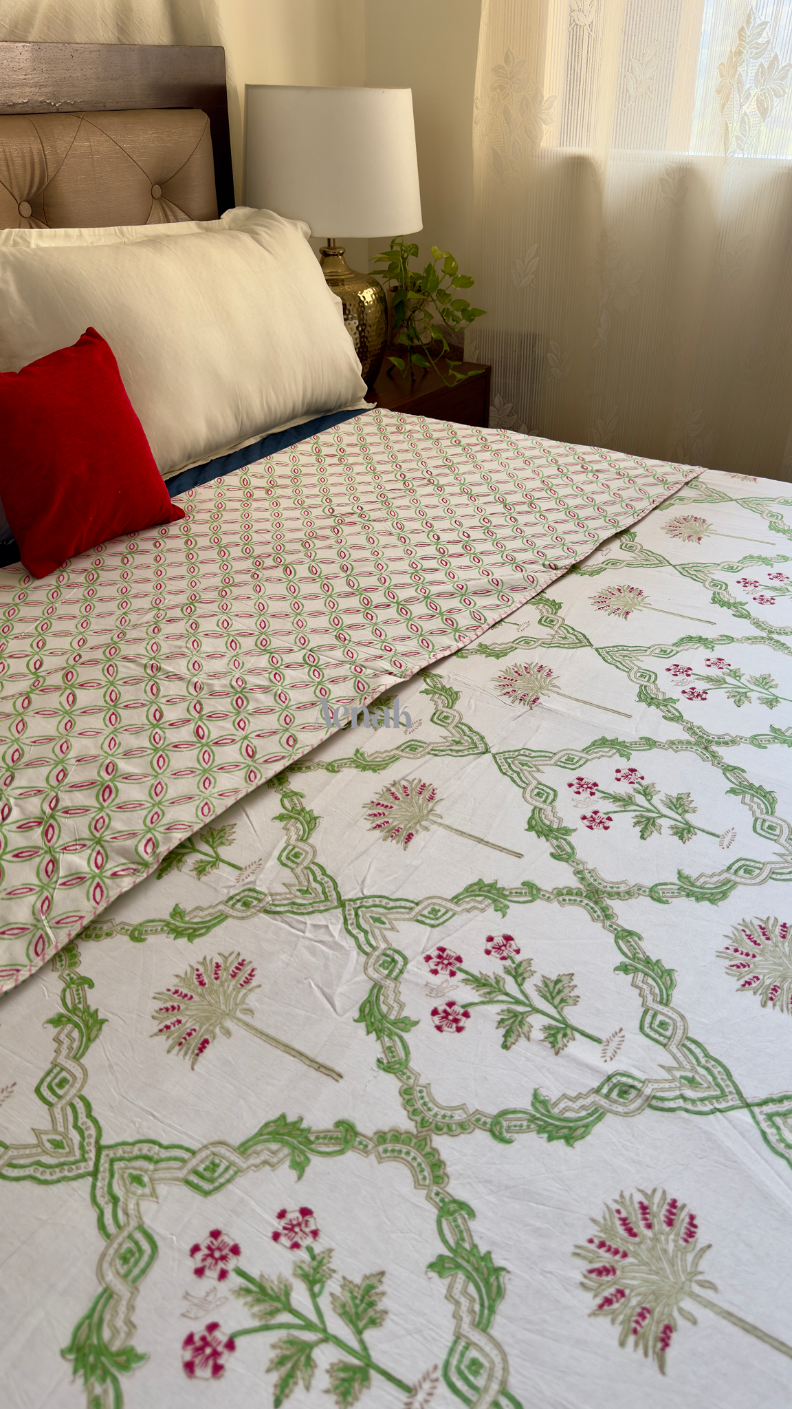 Pink Palm Jaal Handblock Printed Mulmul Cotton Reversible Dohar