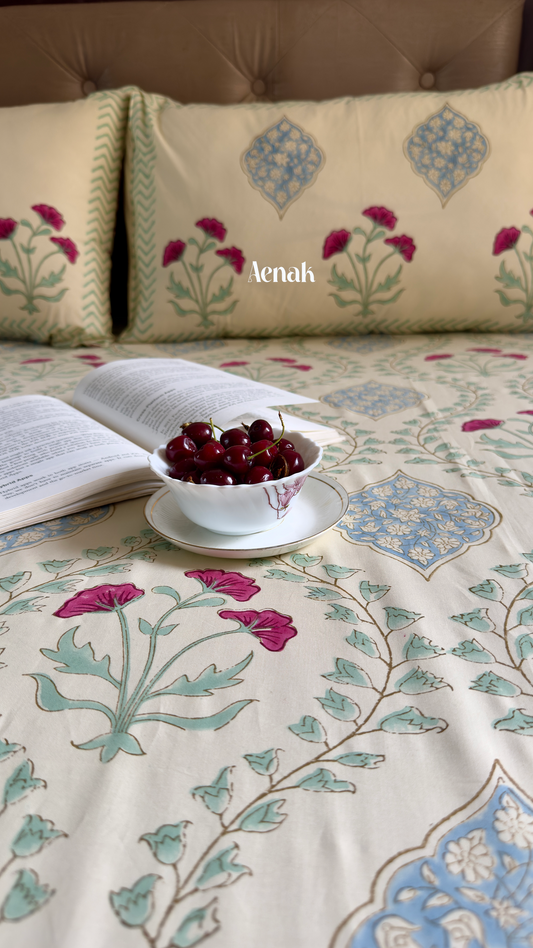 Pink Poppy Jaal Handblock Printed Premium Cotton Bedsheet (Beige Base)