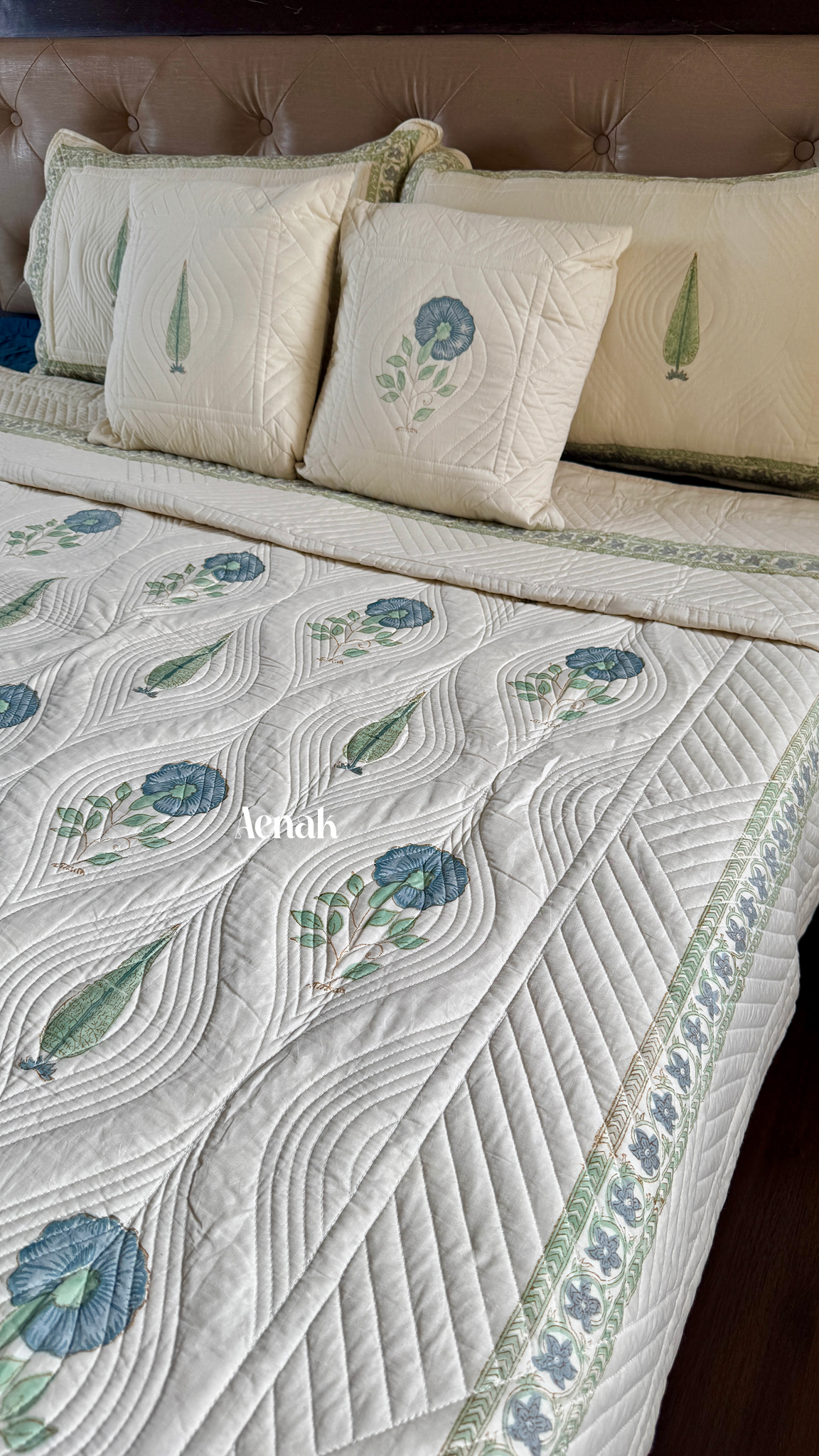 Beige Embossed Handblock Printed Quilted Bedcover (Non-White Base)