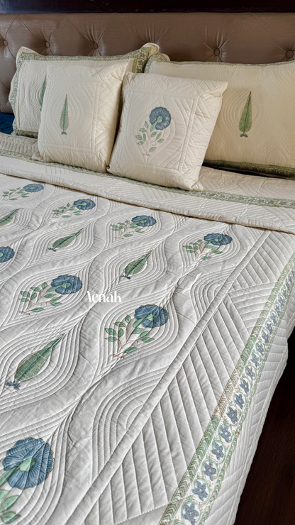 Beige Embossed Handblock Printed Quilted Bedcover (Non-White Base)