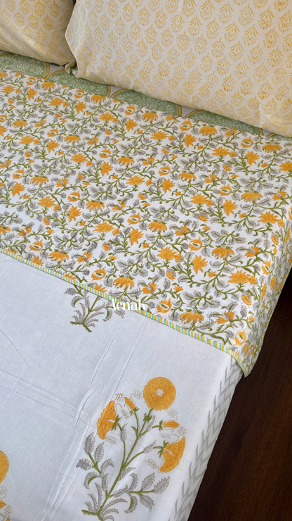 Yellow Dahlia Garden Handblock Printed Mulmul Cotton Reversible Dohar