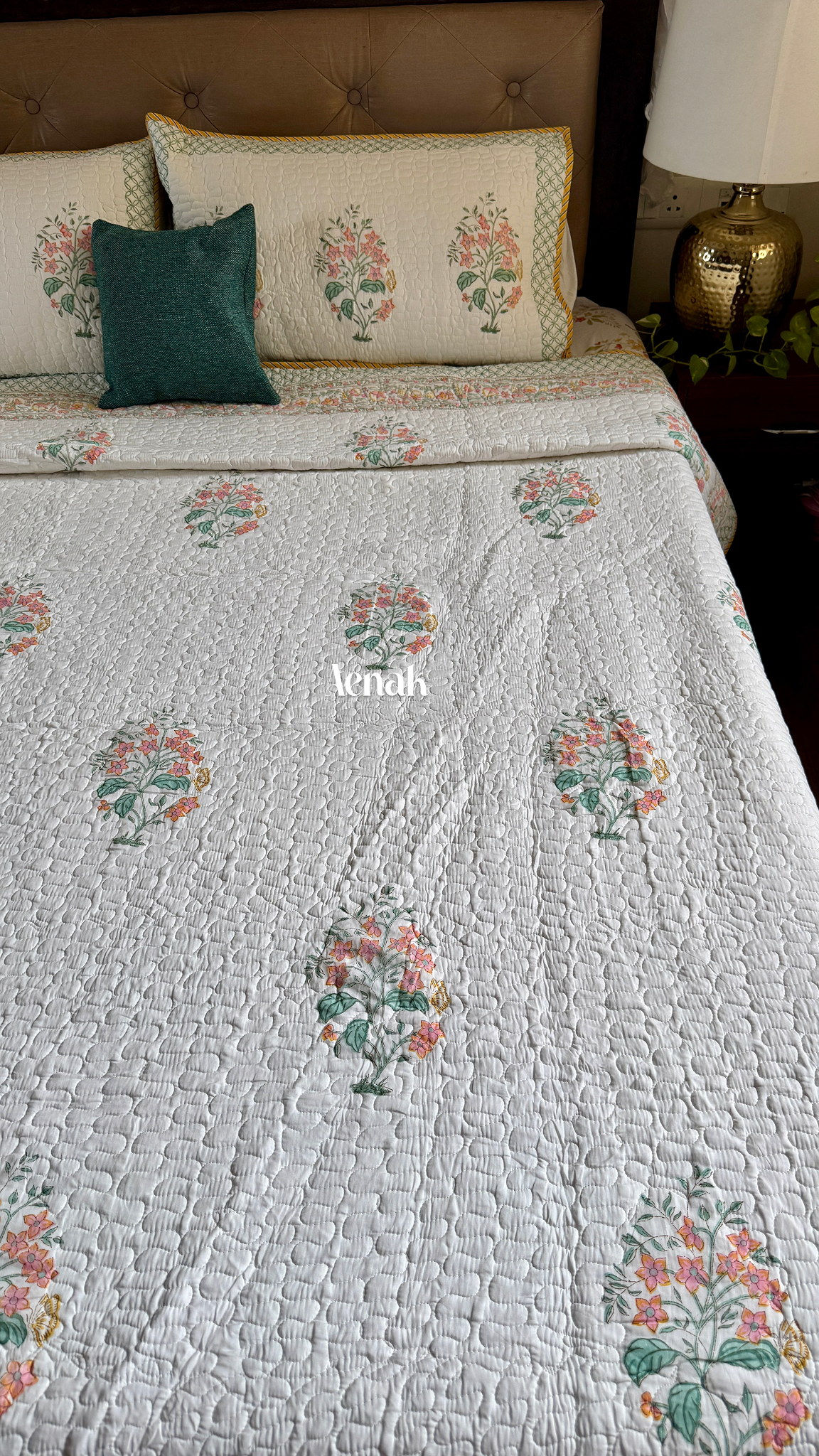 Peach Anokhi Handblock Printed Reversible Quilted Bedcover