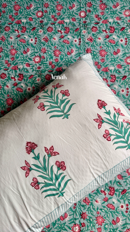 Sage Green Floral Handblock Printed Premium Cotton Bedsheet