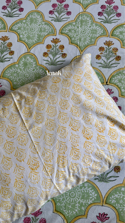 Mint Green & Yellow Handblock Printed Premium Cotton Bedsheet