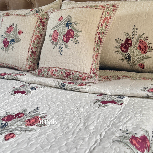 Burgundy Anaar Handblock Bedsheet + Quilted Bedcover Combo Set