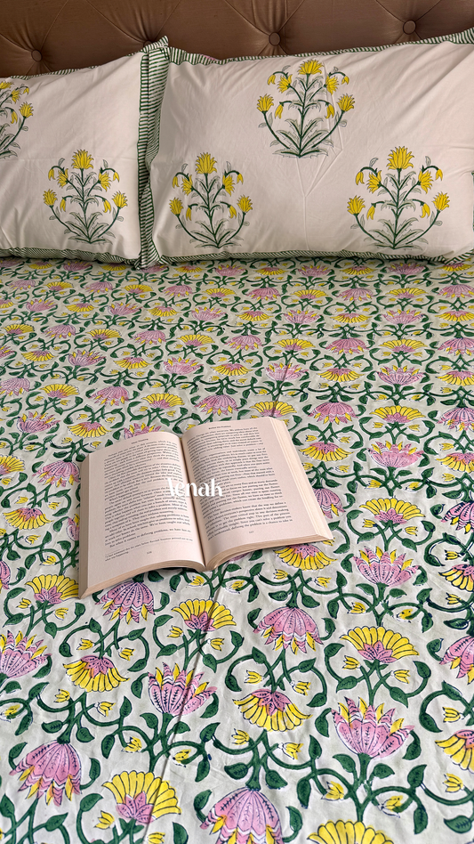 Pink & Yellow Lotus Handblock Printed Premium Cotton Bedsheet