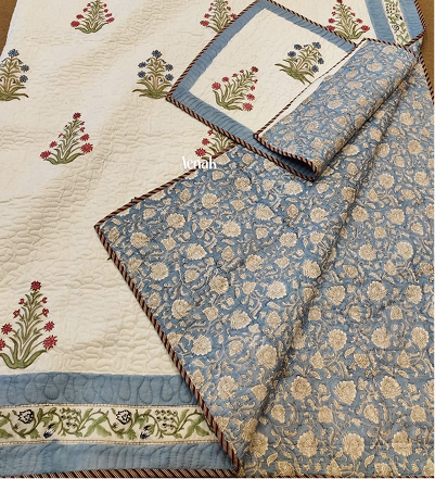 Red & Blue Phool Handblock Printed Reversible Quilted Bedcover -105 x108