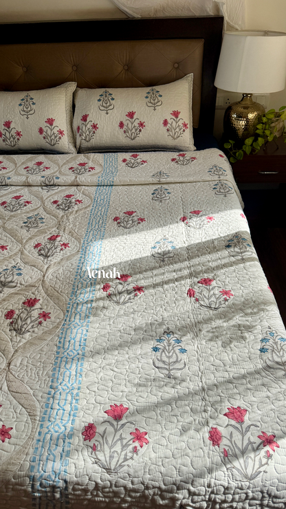 Red & Blue Jaal Handblock Printed Reversible Quilted Comforter/Bedcover Set