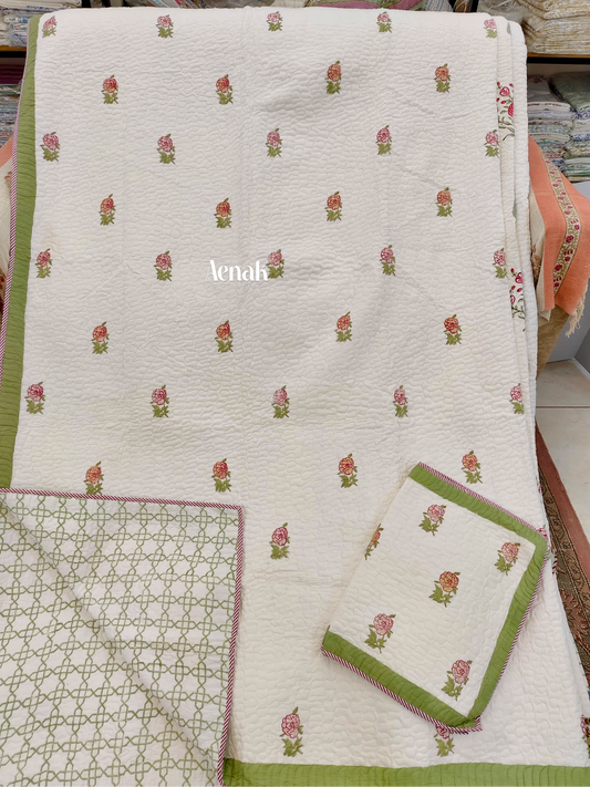 Peach Pink Rose Handblock Printed Reversible Quilted Cotton Bedcover- 105x108