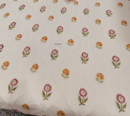 Embossed Rose Handblock Quilted Cotton Bedcover- 105x108