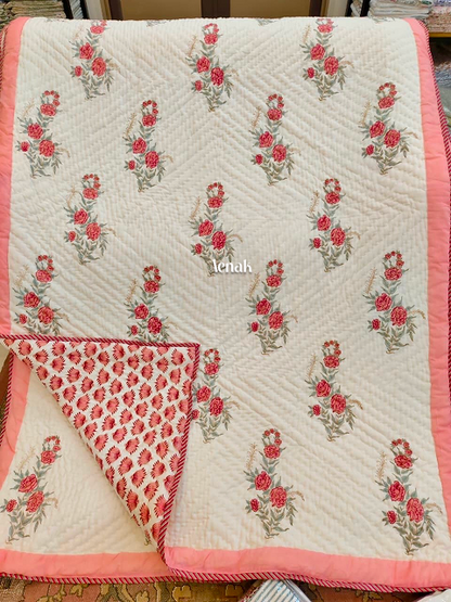 Pink Rose Handblock Reversible Mulmul Cotton Single Quilt